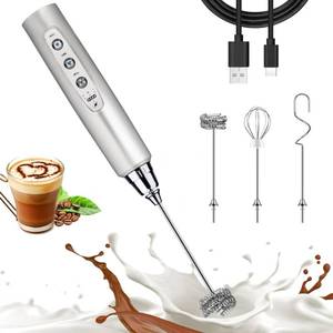 lot 652 image: Nahida Silver Milk Frother Wand for Coffee, Frother Handheld Rechargeable Electric Whisk with 3 Heads 3 Speeds Drink Mixer Coffee Frother Foam Maker For Latte, Cappuccino, Hot Chocolate, Egg - Retail $26