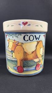 lot 14 image: Ceramic Cow Decoration Kitchen Utensil Crock 7 inches tall, 6 inches diameter