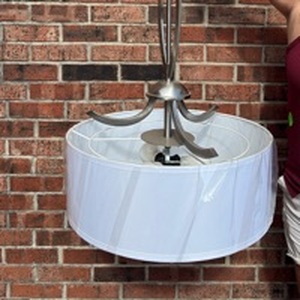 lot 36 image: New Contemporary Drum Pendant 3 Bulb Light with Brushed Nickel Finish Approximately 20 inch Diameter and 30 inch Long