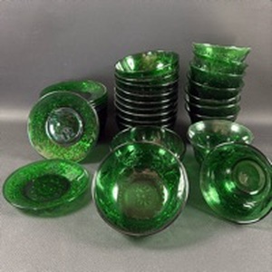 lot 54 image: Anchor Hocking Green Depression Glass Fruit Cups(9), Dessert Bowls (11) with Presentation Plates(16) Floral Pattern