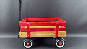 lot 64 image: 12 inch Radio Flyer Red Wooden Pull Wagon with Handle and Functional Wheels