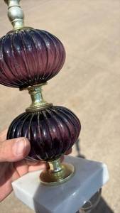 lot 69 image: Purple Ribbed Glass Bedside Lamp with Marble Base