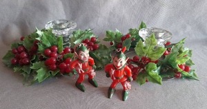 lot 92 image: Vintage Rosbro Hard Plastic Elf Christmas Ornament & Clear Glass Candle Holders with Holiday Berry Decorations