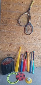 lot 100 image: Mixed Sports Equipment Collection with Tennis Rackets and Baseball Bats