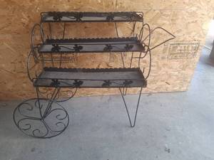 lot 205 image: Wrought Iron Three-Tier Plant Stand Cart with Wheels