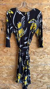 lot 303 image: Black Abstract Print Wrap Dress with Yellow and White Design Size M