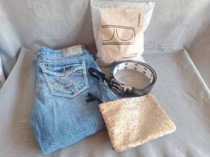 lot 406 image: Womens Fashion Bundle - Jeans, Belt, Sequin Clutch and Bra