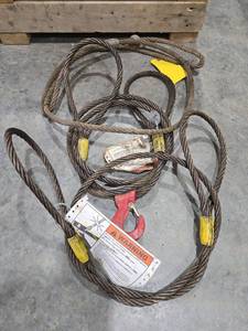 lot 18287 image: Set of 3 Steel Wire Rope Lifting Cable with Loops - (2) 12in x 6ft &amp (1) 12in x 8ft