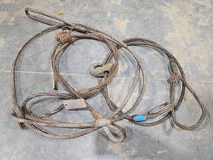 lot 18292 image: Set of 3 Steel Wire Rope Lifting Cable with Loops - (2) 12in x 8ft &amp (1) 12in x 10 ft
