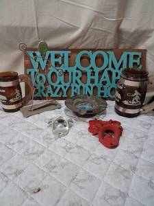 lot 8 image: Mixed Barware and Home Decor Collection with Welcome Sign
