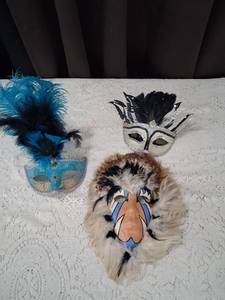 lot 20 image: Decorative Masquerade Masks with Feathers and Animal Design Set