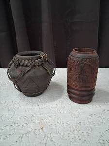 lot 23 image: Decorative Clay Pottery Vessel with Floral Carved Designs and wood vase