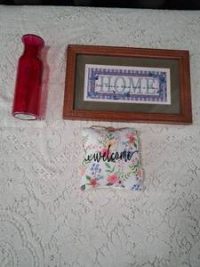 lot 33 image: Home Decor Bundle with Framed Art and Welcome Pillow