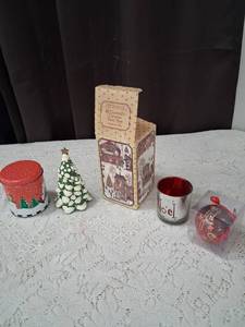 lot 38 image: Christmas Holiday Decoration Lot with Ceramic Tree and Candle Holder