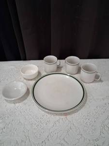 lot 43 image: White Ceramic Dinnerware Set with Green Stripe