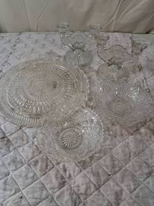 lot 54 image: Pressed Glass Dinnerware Set with Serving Platter and Candlesticks