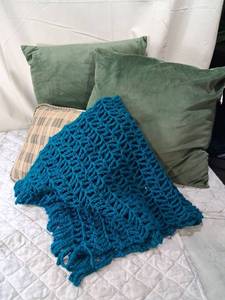 lot 101 image: Handmade Crochet Afghan Blanket and Striped Throw Pillow Set