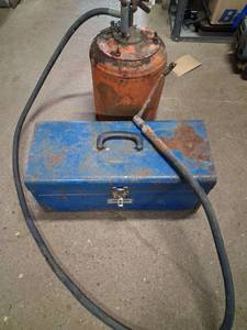 lot 111 image: Manual Fuel Transfer Pump with Blue Tool Box and Hand Tools Set