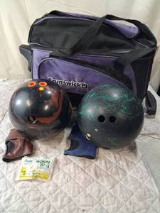 lot 153 image: Brunswick Bowling Ball Set with Rolling Bag and Accessories