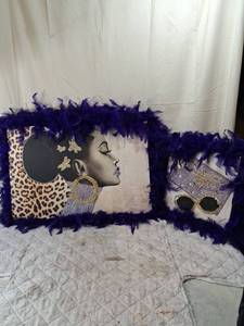 lot 160 image: African American Woman Portrait Art with Purple Feather Frame