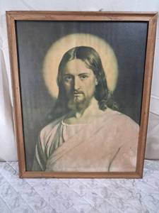 lot 177 image: Religious Portrait Print Jesus Christ with Halo in Wooden Frame