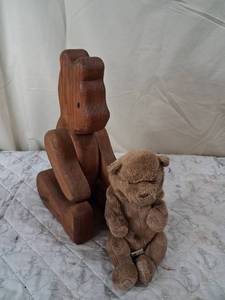 lot 179 image: Handcrafted Wooden Easter Island Moai Statue and Plush Bear Bundle