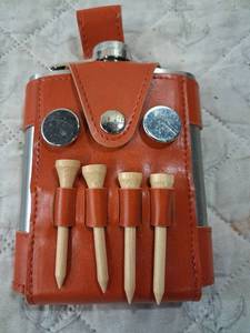 lot 192 image: Stainless Steel Hip Flask with Leather Case and Golf Tees