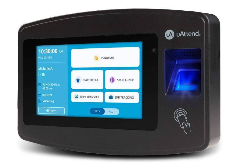 lot 1074 image: uAttend JR2000 Biometric Fingerprint, RFID, PIN Time Clock for Small Business Cloud-Based Attendance System with Optional Payroll Integration All-in-One System - Retail $155