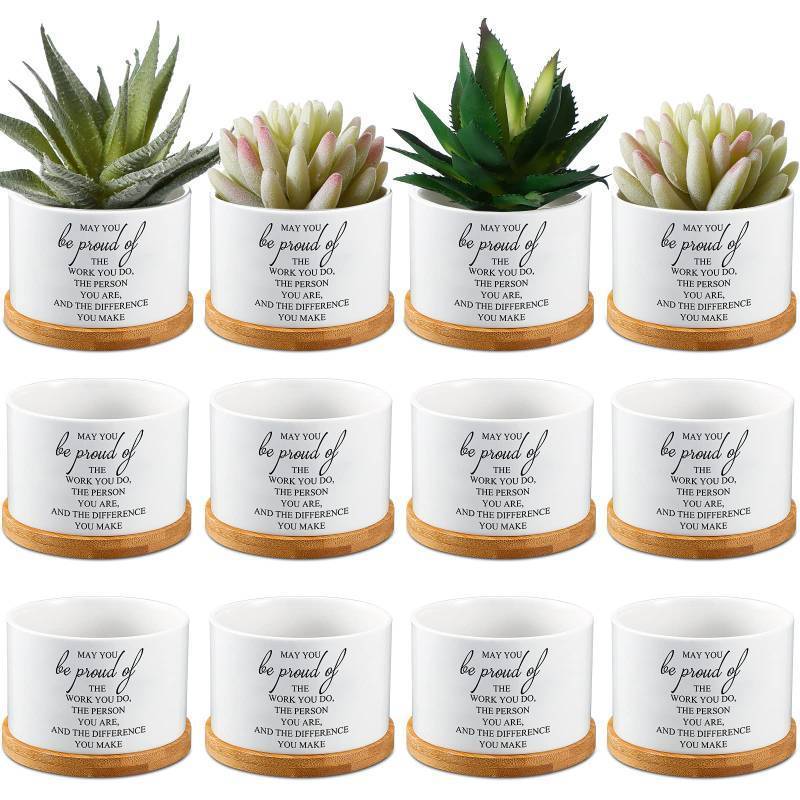 lot 1091 image: Inbagi 12 Pcs May You Be Proud Gifts Bulk 3.15 Small Ceramic Succulent Pots with Bamboo Tray Thank You Gifts for Employee Teacher Coworker Team Staff Groups Friend Home Office Table Decor - Retail $40