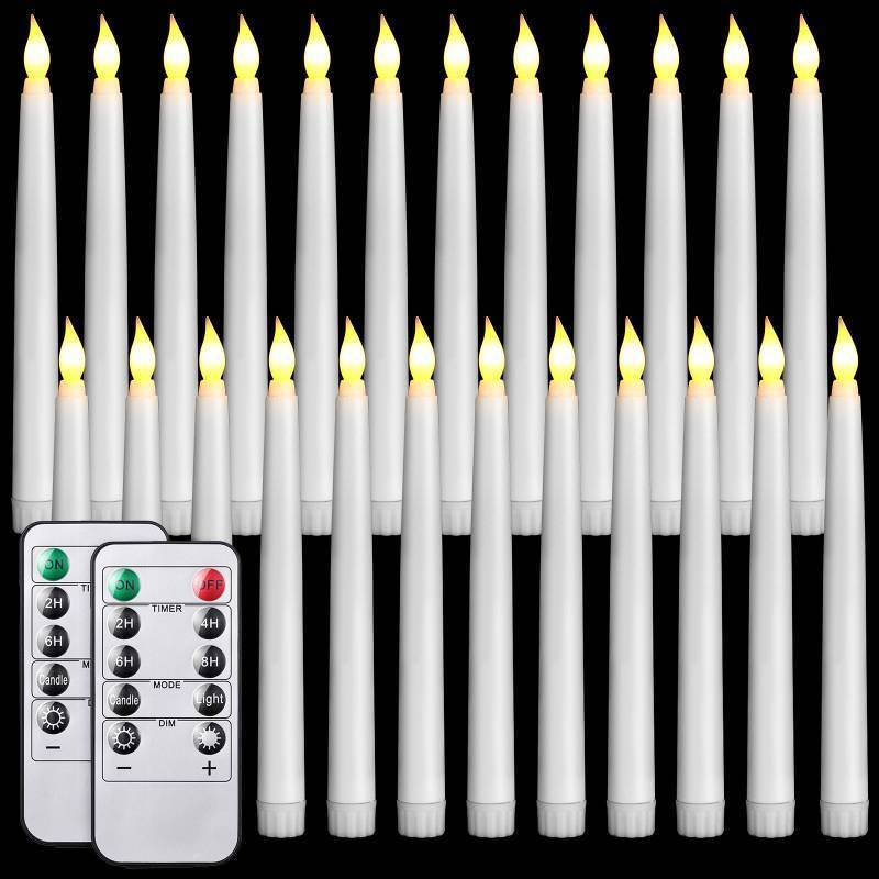 lot 1127 image: Tuanse 24 Pack Flameless Flicker Taper Candles Bulk with Remote and Timer, Battery Operated LED Warm White Taper Candles Light for Home Wedding Decoration Gifts(White,8 Inch) - Retail $46