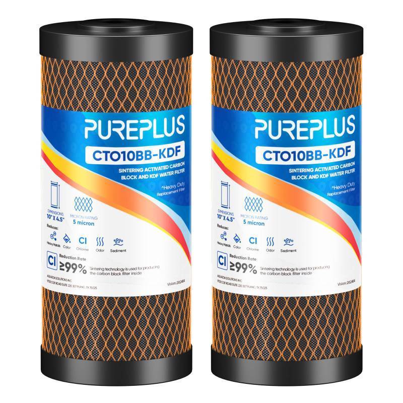 lot 1157 image: PUREPLUS 5 Micron 10 x 4.5 Whole House Coconut Shell Activated Carbon and KDF Water Filter, Heavy Metal Removal Replacement Water Filter, Compatible with GXWH40L, GXWH35F, BB10, CTO10BB-KDF, 2 PACK&nbsp&nbsp