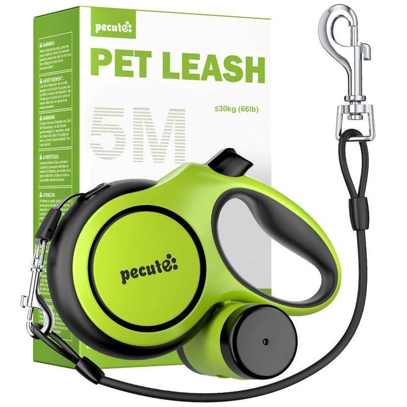 lot 1200 image: Pecute 16.4ft Retractable Dog Leash with Steel Cable Chew Proof Extender Lightweight for Medium Dogs 11-66 lbs, Anti-Slip Grip, Built-in Poop Bag Holder, Reflective, Green - Retail $26