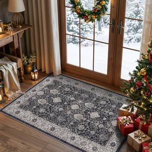 lot 2320 image: Washable 3x4 Entryway Area Rugs Ultra Soft Low Pile Carpet for Kitchen Nursery Indoor Light-Weight Doormat Anti-Slip Thin Entry Rug for Living Room Bedroom Small Vintage Floor Mat(3x4,Black) - Retail $26
