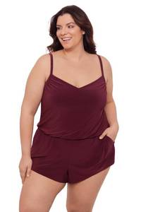 lot 2330 image: Aqua Green Womens V-Neck Blouson Slimming Swim Romper with Pocket, Currant, X-Large - Retail $35