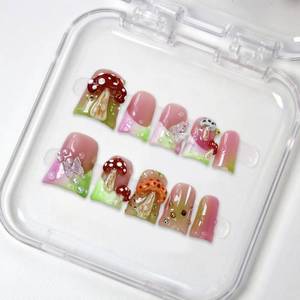 lot 2334 image: Duck Press on Nails Short Fake Nails Handmade Press on Nails Cute 3D Mushroom Butterfly Designs Thicked False Nails Green Pink Gradient Artificial Nails Pearl Stick on Nail for Women (S) - Retail $14