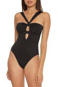lot 2361 image: BECCA by Rebecca Virtue Color Code - Womens Convertible Bandeau One Piece Swimsuit, Asymmetrical Straps, Bathing Suits for Women, Black, Medium - Retail $85