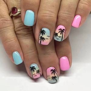 lot 2373 image: 24 Pcs Summer Press on Nails Short Square, ZIFANHU Hawaii Coconut Tree Fake Nails Press ons Beach Nail Tips Glue on Nails Full Cover Acrylic Nail Kit False Nails Ombre Stick on Nails for Women - Retail $7