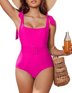 lot 2378 image: AIMAGE Womens One Piece Swimsuit Belted 2024 Tummy Control Bathing Suits Square Neck Tie Shoulder Swim Suits Hot Pink S - Retail $40