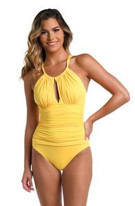 lot 2401 image: La Blanca Womens Island Goddess High Neck Keyhole One Piece Swimsuit Pineapple - Retail $120