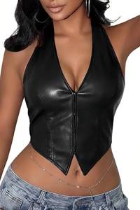 lot 2405 image: ELLEVEN Halter Corset Tank Tops for Women PU Leather Sexy Cute Deep V Neck Backless Casual Asymmetrical Cami Crop Vest Corset Going Out Party Western Cowgirl Clubwear Black Small - Retail $25
