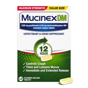lot 2433 image: Mucinex DM 12Hr Maximum Strength Chest Congestion & Cough Medicine for Adults, Cold and Cough Medicine for Excess Mucus Relief, 1200 mg Guaifenesin & 60 mg Dextromethorphan HBr, 48 Bi-Layer Tablets - Retail $39