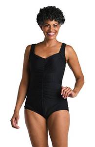 lot 2448 image: Maxine of Hollywood Womens Standard Shirred Front Girl Leg One Piece Swimsuit, BlackTextured spa Solid, 12 - Retail $64