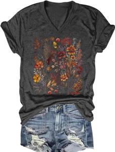 lot 2462 image: Womens Vintage Boho Flowers T Shirt V-Neck Graphic Tee Casual Summer Shirts Cute Wildflowers Short Sleeve Tops (Dark Gray2, Large) - Retail $18