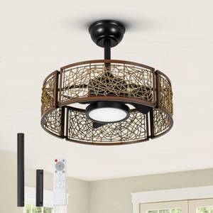 lot 2489 image: TALOYA 20 Inch Caged Ceiling Fans with Lights Chandelier Remote Control Flush Mount Low Profile for Bedroom Living Room Patio,Reversible,Buzzer Mute,Dimmable Led Light Included,Fandelier,Black Walnut - Retail $130