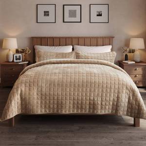 lot 2495 image: Fleeco 92 x 96 Velvet Quilt Set Queen Size, Luxury Velvet Comforter Oversized Bedding Set, Ultra Soft Bedspread Coverlet with 2 Matching Shams, for All Seasons, Light Brown - Retail $50