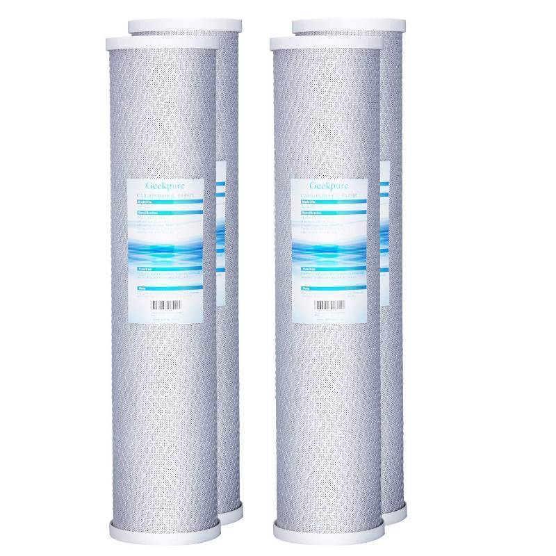 lot 1345 image: Geekpure 20 Inch Carbon Block Water Filter Reduce Chlorine Taste Odors for Whole House Filtration- 4.5 Inch x 20 Inch -5 Micron-Pack 4 - Retail $96