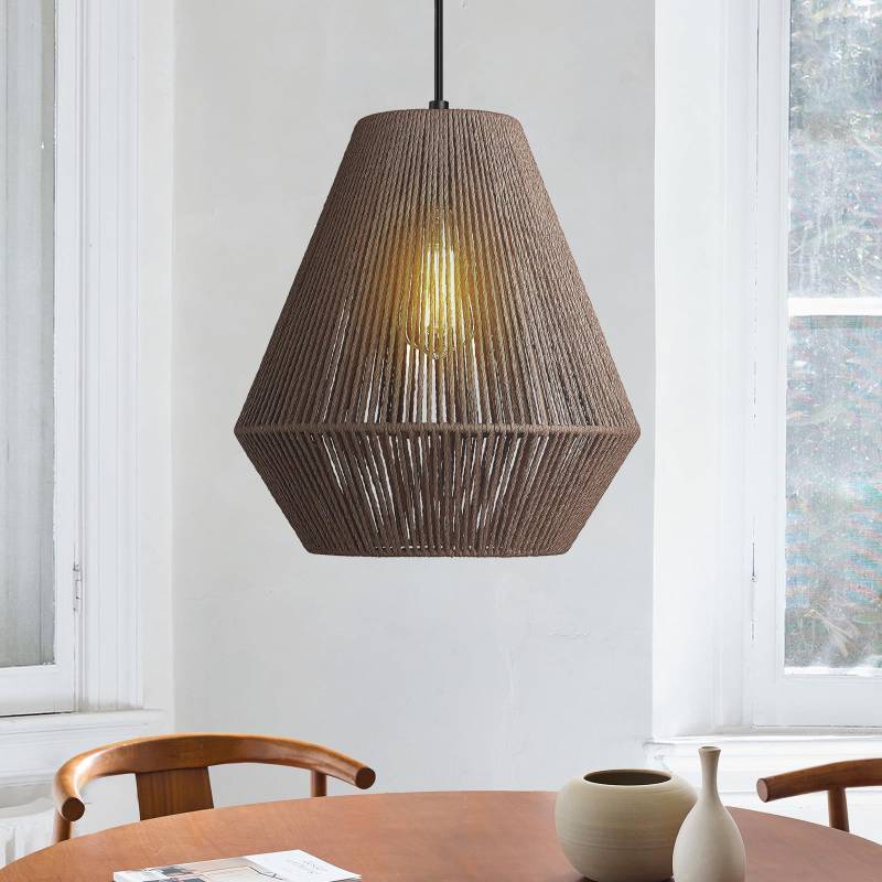lot 1351 image: ELYONA 12 Woven Pendant Light for Kitchen Island Farmhouse Boho Hanging Lamp with Handwoven Rattan Basket Shade Adjustable Pendant Light Fixtures for Dining Room Bar Bedroom Foyer Hallway Dark Brown - Retail $85