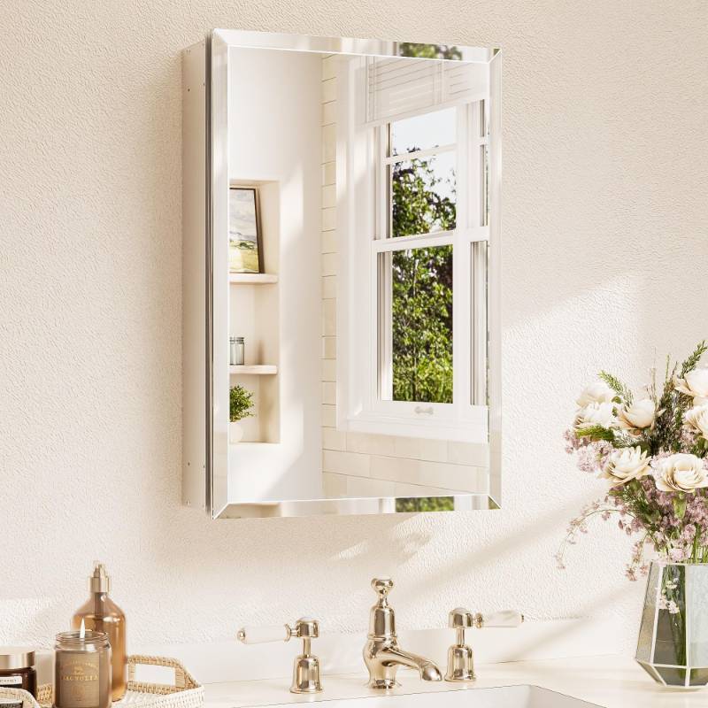 lot 1358 image: TETOTE 16 x 24 Bathroom Mirror with Storage with Tempered Beveled Mirror Silver Medicine Cabinet Aluminum Cabinet DTC Hinges, Stepless Adjustable Shelves, RecessedSurface-Mounted - Retail $85