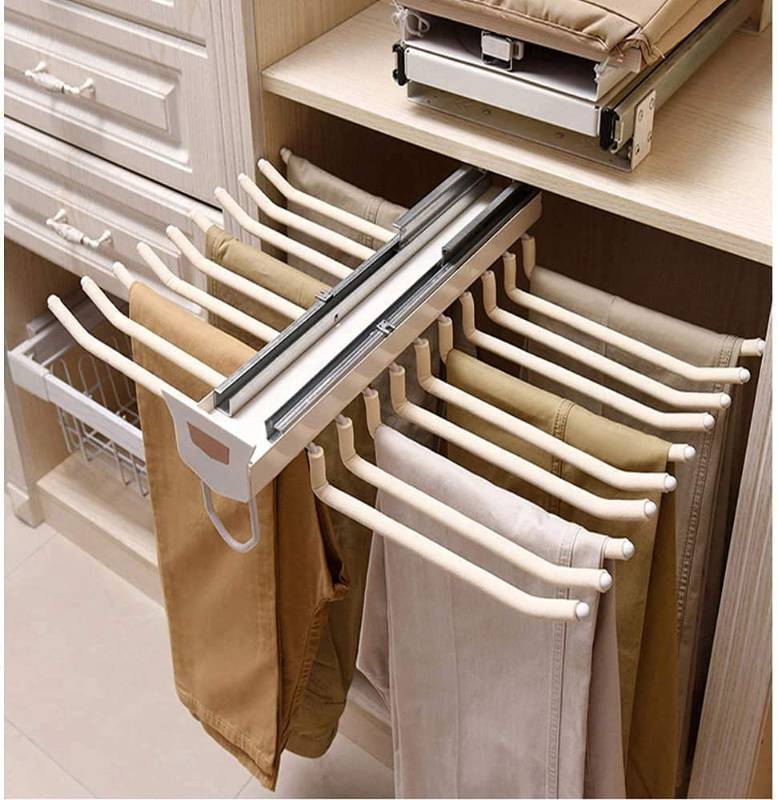 lot 1356 image: tonchean Pull Out Pants Rack 18 Arms Steel Pull Out Trousers Rack for Closet Hanger Bar Clothes Organizers for Space Saving and Storage 17.9(L) x 23.5(W) x 5.7(H) inch, Black - Retail $95