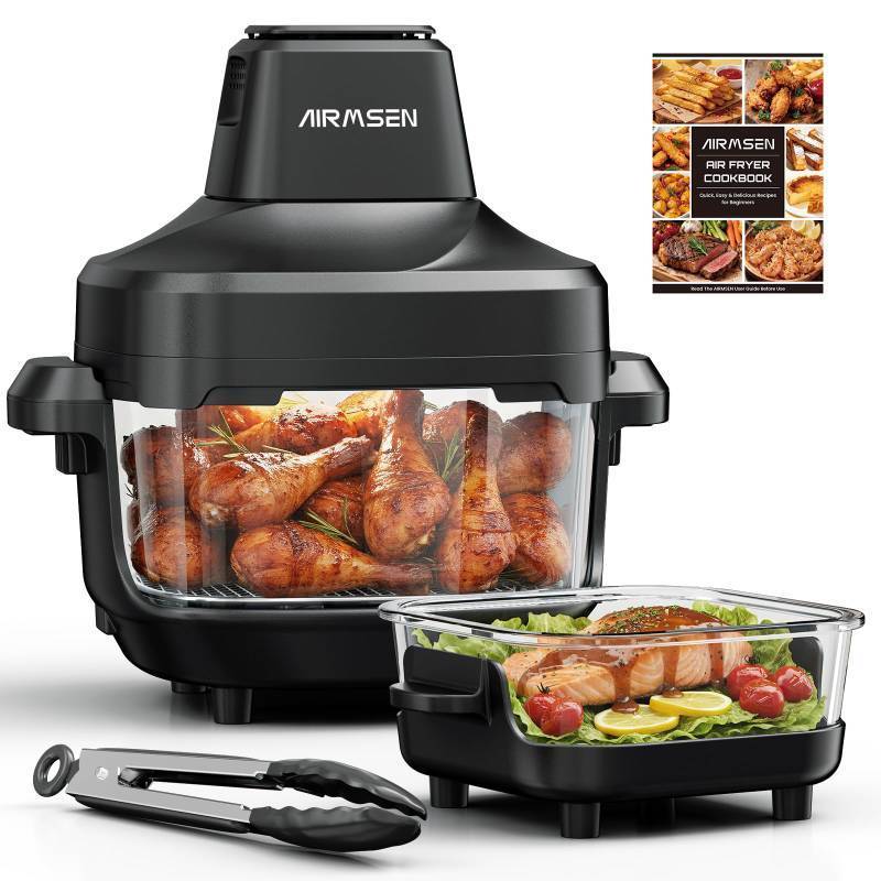 lot 1366 image: AIRMSEN Potable Glass Air Fryer Non-Toxic, 4.8QT &amp 1.3QT, 4 Presets &amp Manual Control, 140-450 degrees Precise Heat, 95% Less Oil, Auto-Pause &amp Resume, Microwave &amp Dishwasher Safe - Retail $130